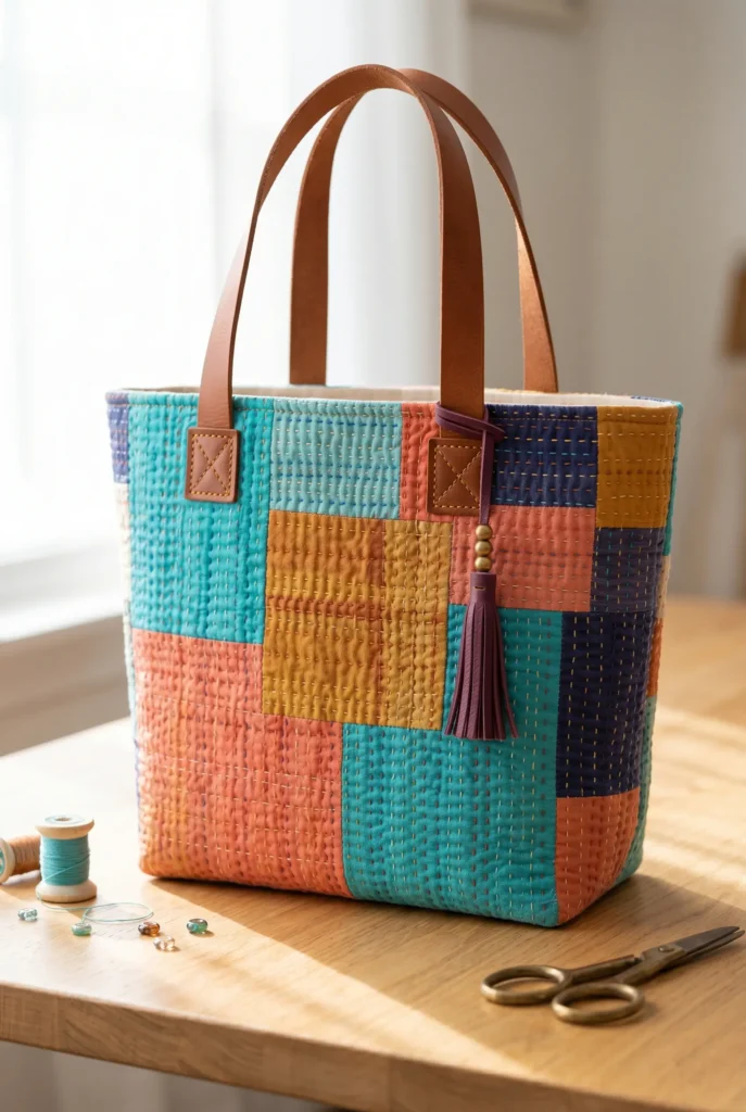 Leather Accent Kantha Stitch Boho Totes for Chic Everyday Carry