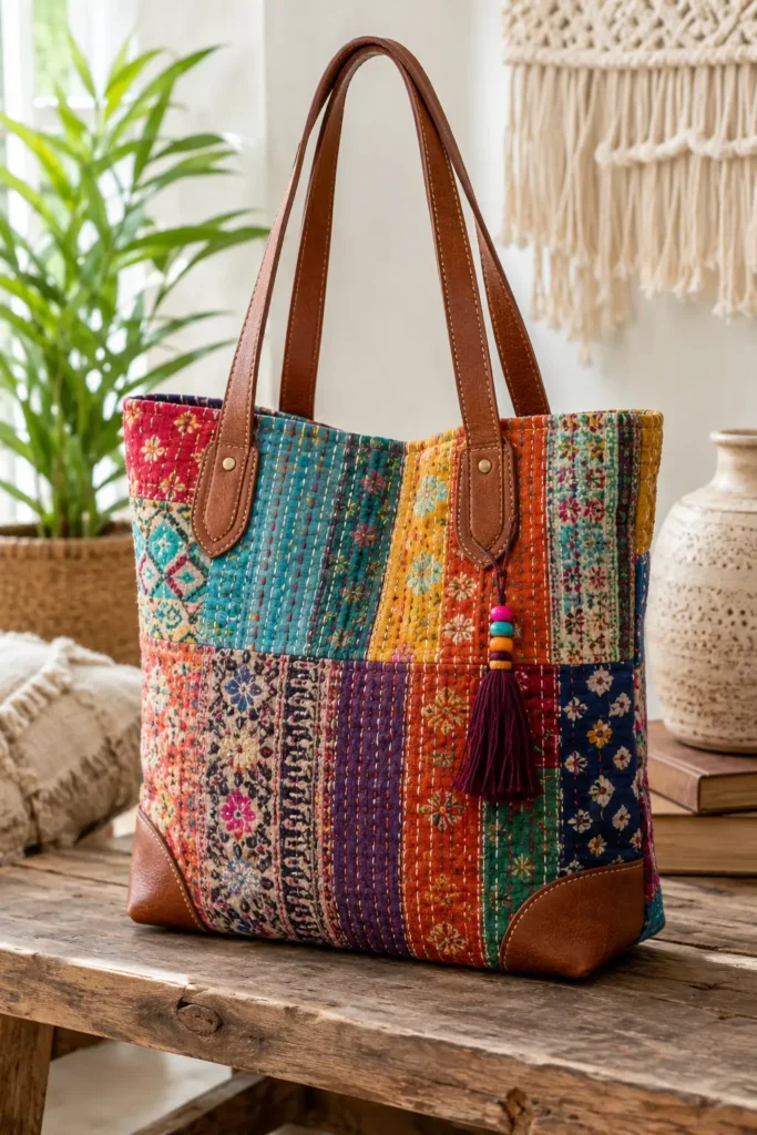 Leather Accent Kantha Stitch Boho Totes for Chic Everyday Carry