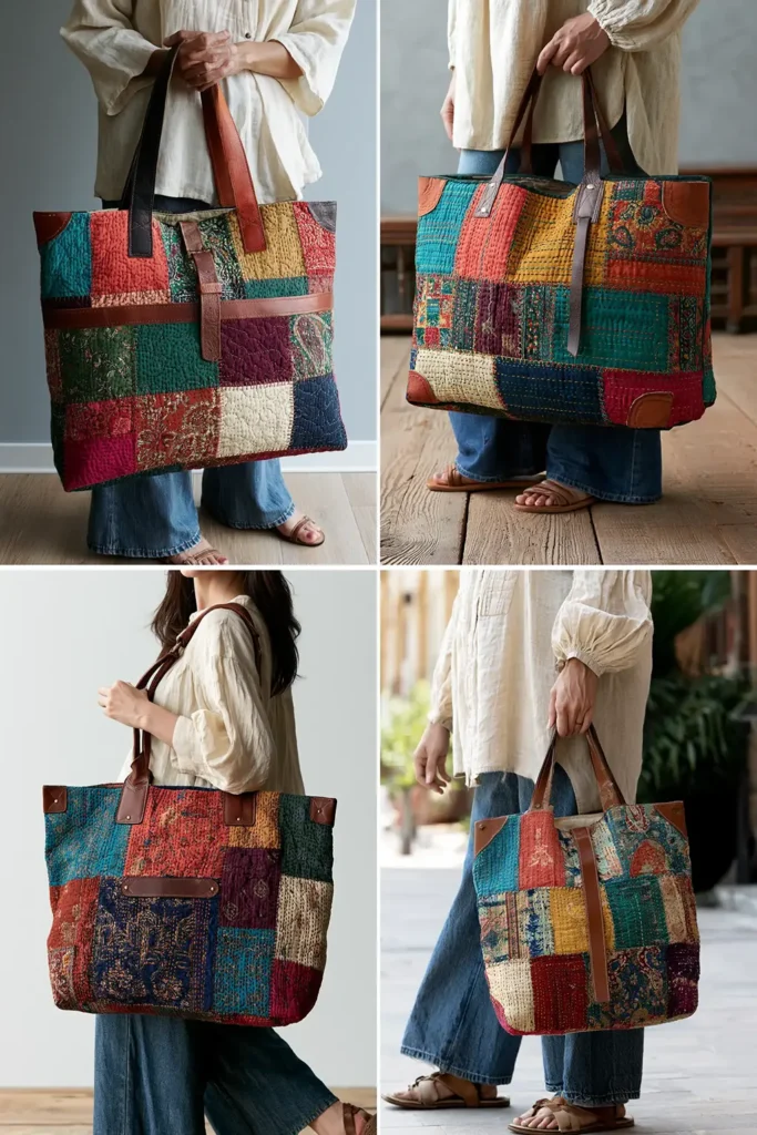 Leather Accent Kantha Stitch Boho Totes for Chic Everyday Carry