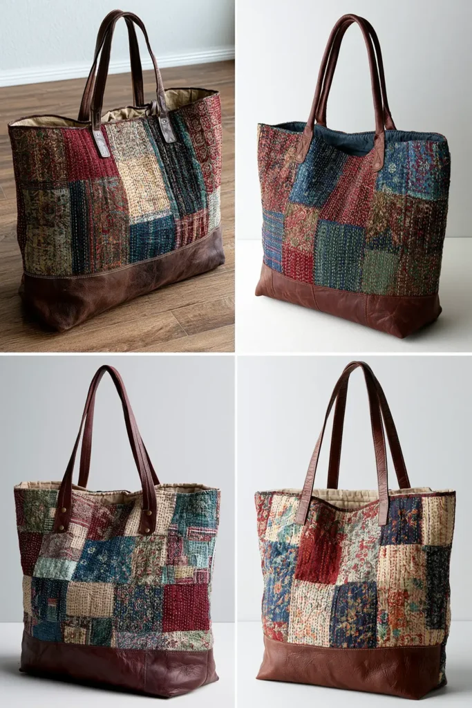 Leather Accent Kantha Stitch Boho Totes for Chic Everyday Carry
