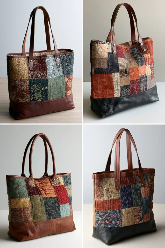 Leather Accent Kantha Stitch Boho Totes for Chic Everyday Carry