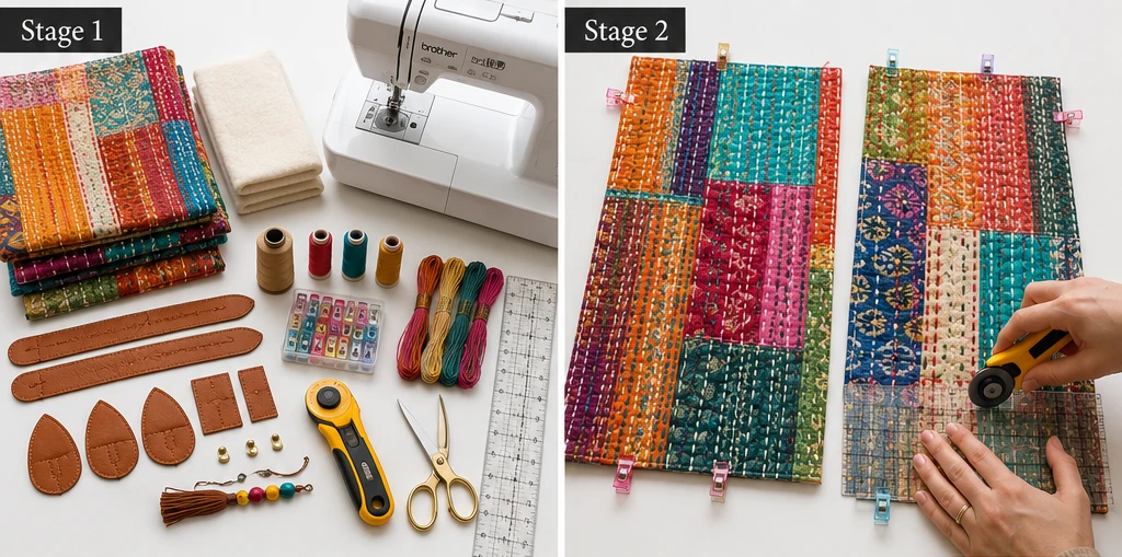 Leather Accent Kantha Stitch Boho Totes for Chic Everyday Carry