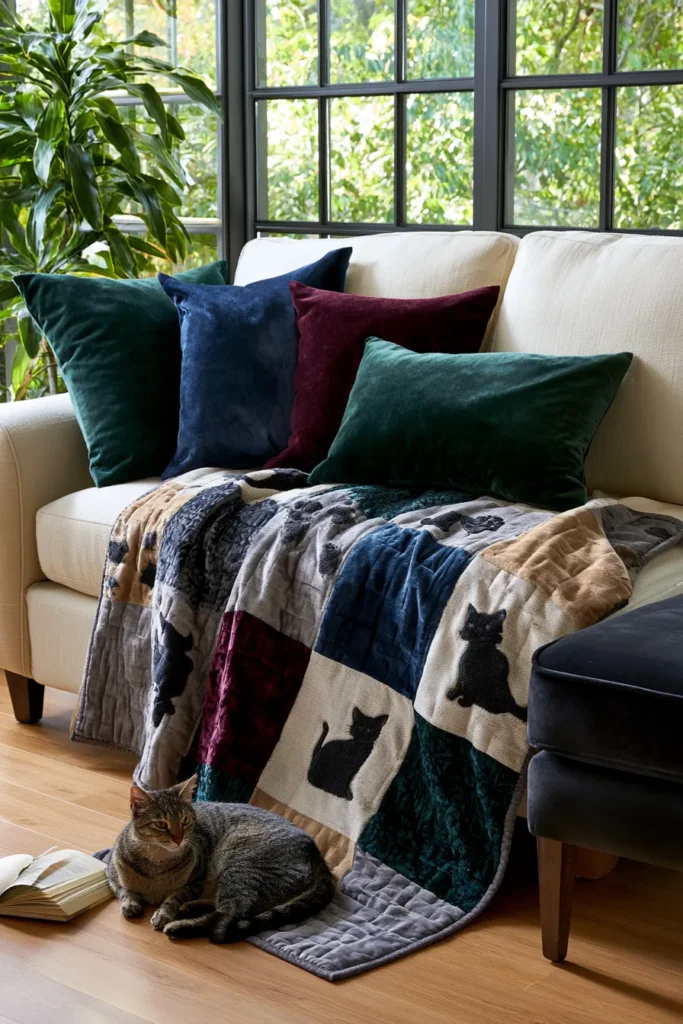Luxury-Inspired Mixed-Texture Cat Quilts for Cozy Sofa Throws