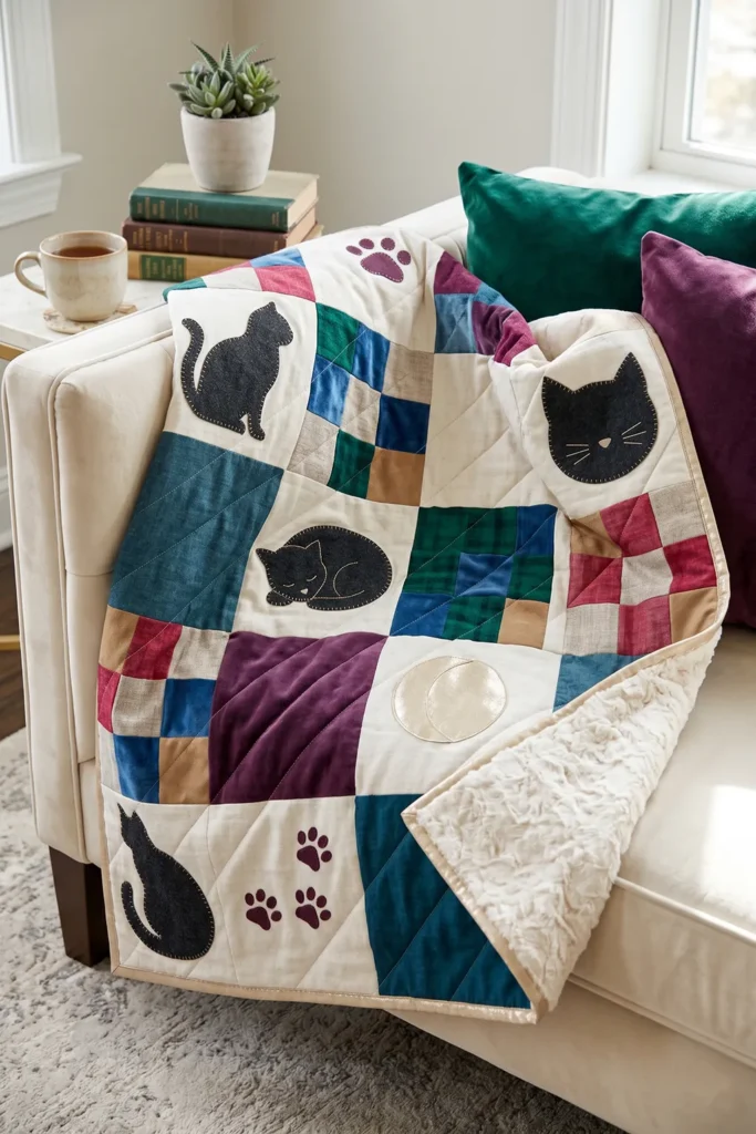 Luxury-Inspired Mixed-Texture Cat Quilts for Cozy Sofa Throws