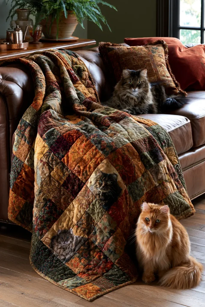 Luxury-Inspired Mixed-Texture Cat Quilts for Cozy Sofa Throws