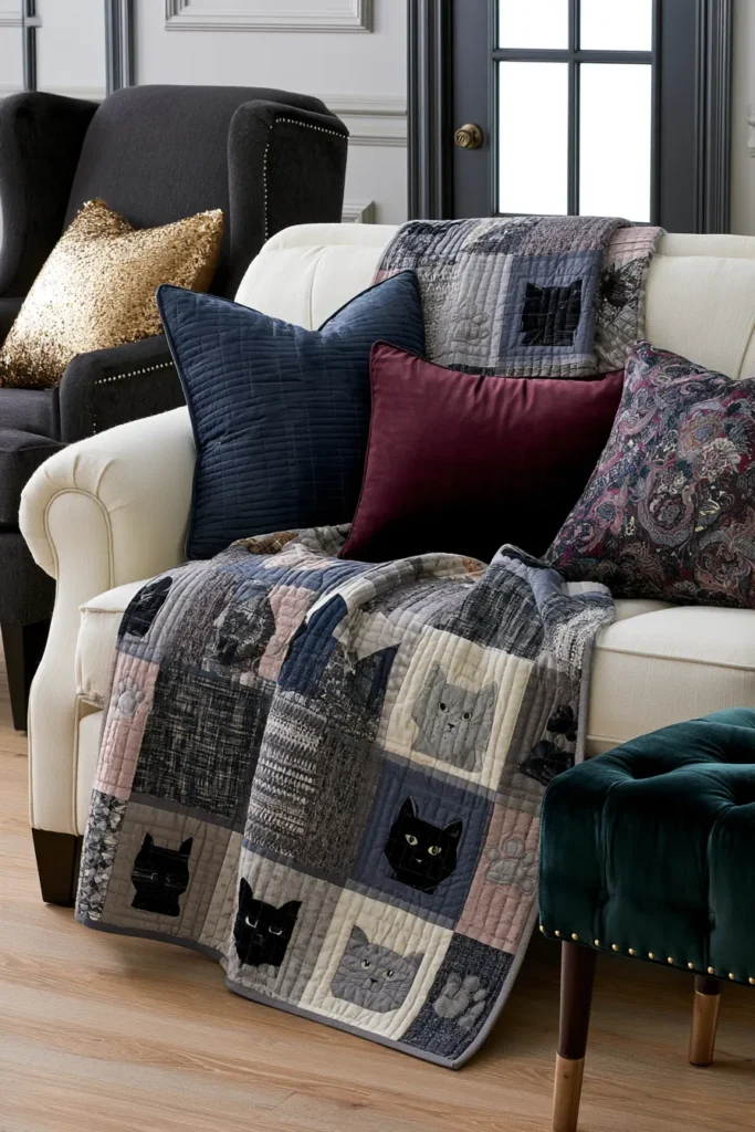 Luxury-Inspired Mixed-Texture Cat Quilts for Cozy Sofa Throws