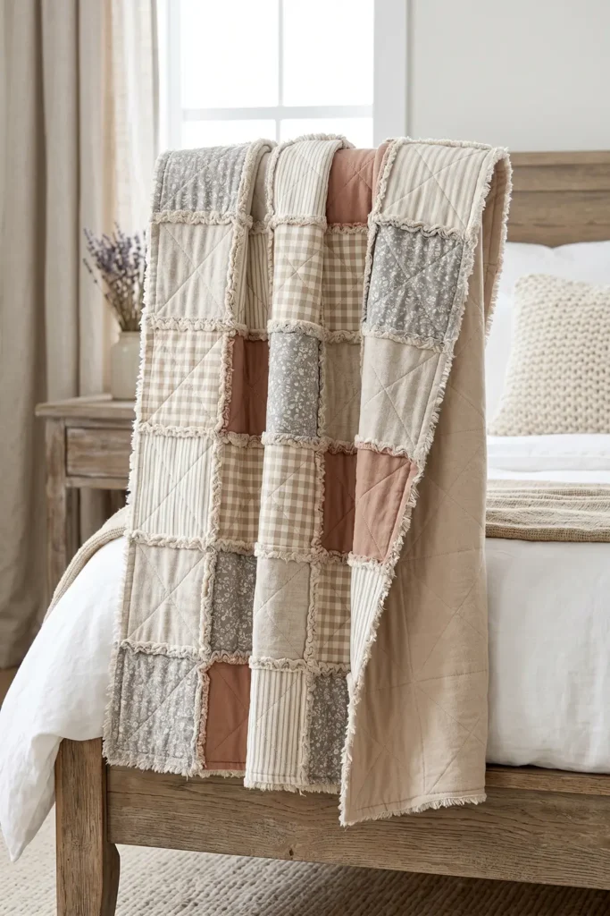 Neutral Tone Rag Quilt Ideas for Soft Farmhouse Charm