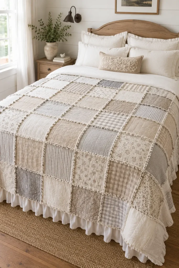 Neutral Tone Rag Quilt Ideas for Soft Farmhouse Charm