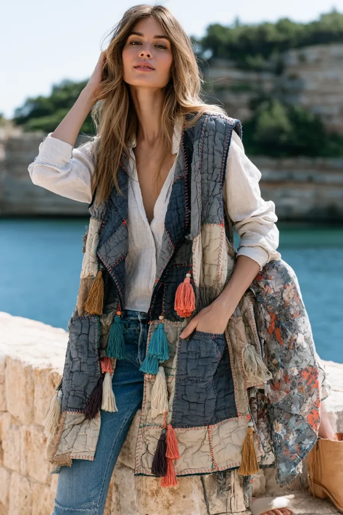 Open Front Bohemian Quilted Vest Patterns with Tassel Accents
