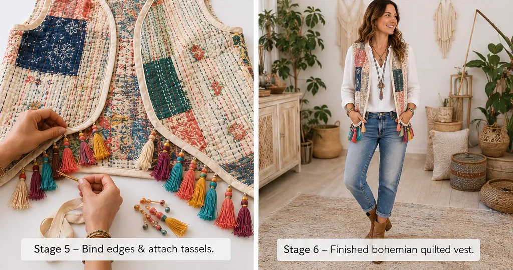 Open Front Bohemian Quilted Vest Patterns with Tassel Accents