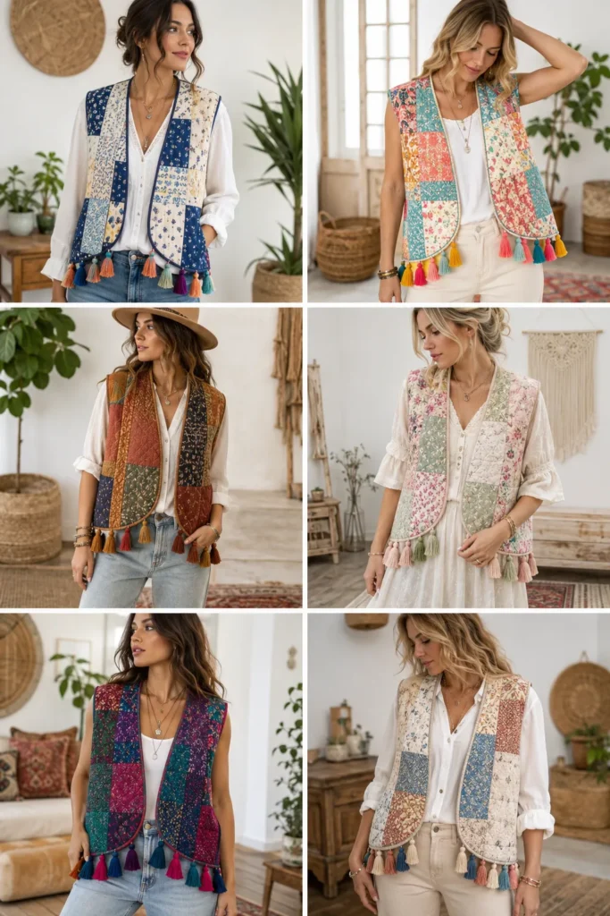 Open Front Bohemian Quilted Vest Patterns with Tassel Accents