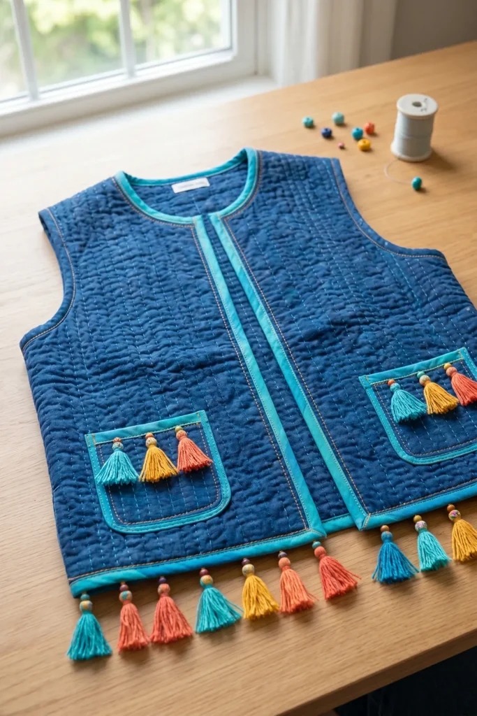 Open Front Bohemian Quilted Vest Patterns with Tassel Accents