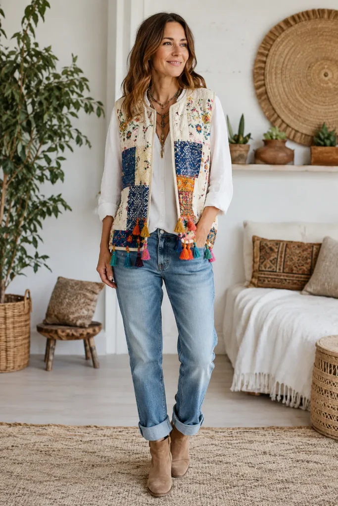 Open Front Bohemian Quilted Vest Patterns with Tassel Accents