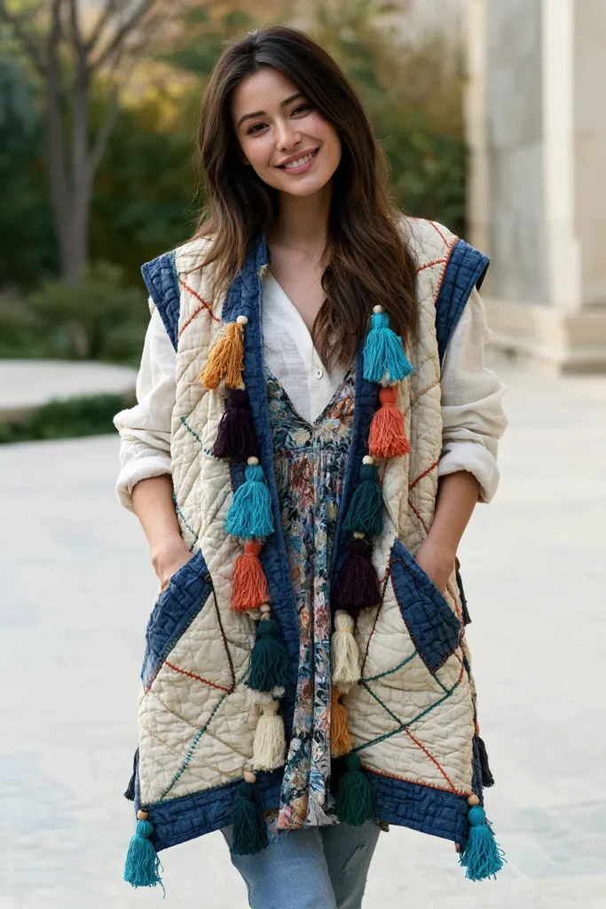 Open Front Bohemian Quilted Vest Patterns with Tassel Accents