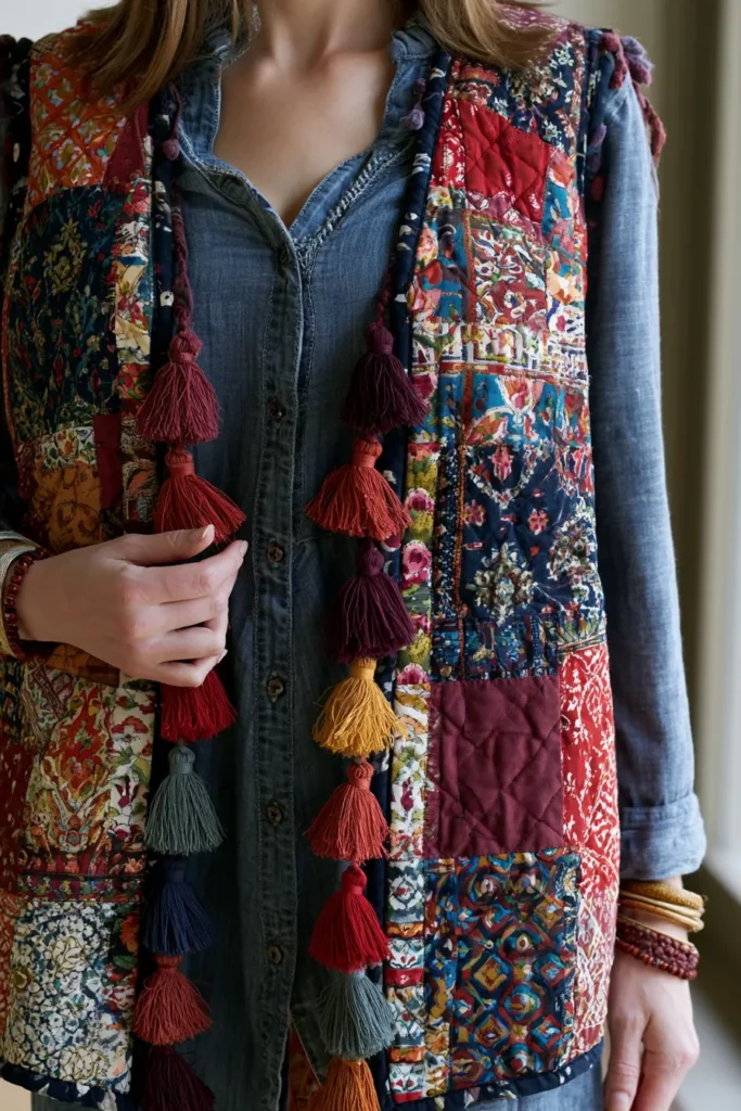 Open Front Bohemian Quilted Vest Patterns with Tassel Accents