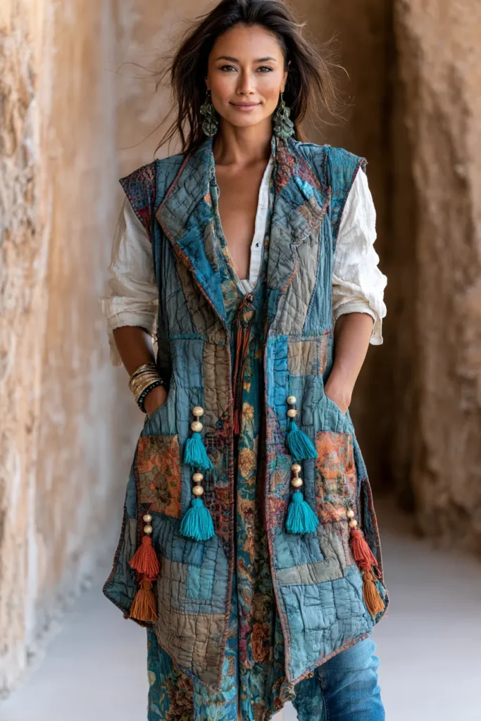 Open Front Bohemian Quilted Vest Patterns with Tassel Accents