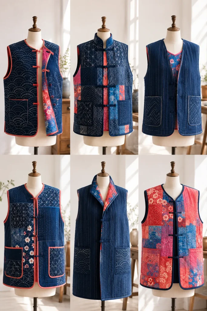 Reversible Indigo Japanese Quilt Vests for Versatile Sophistication