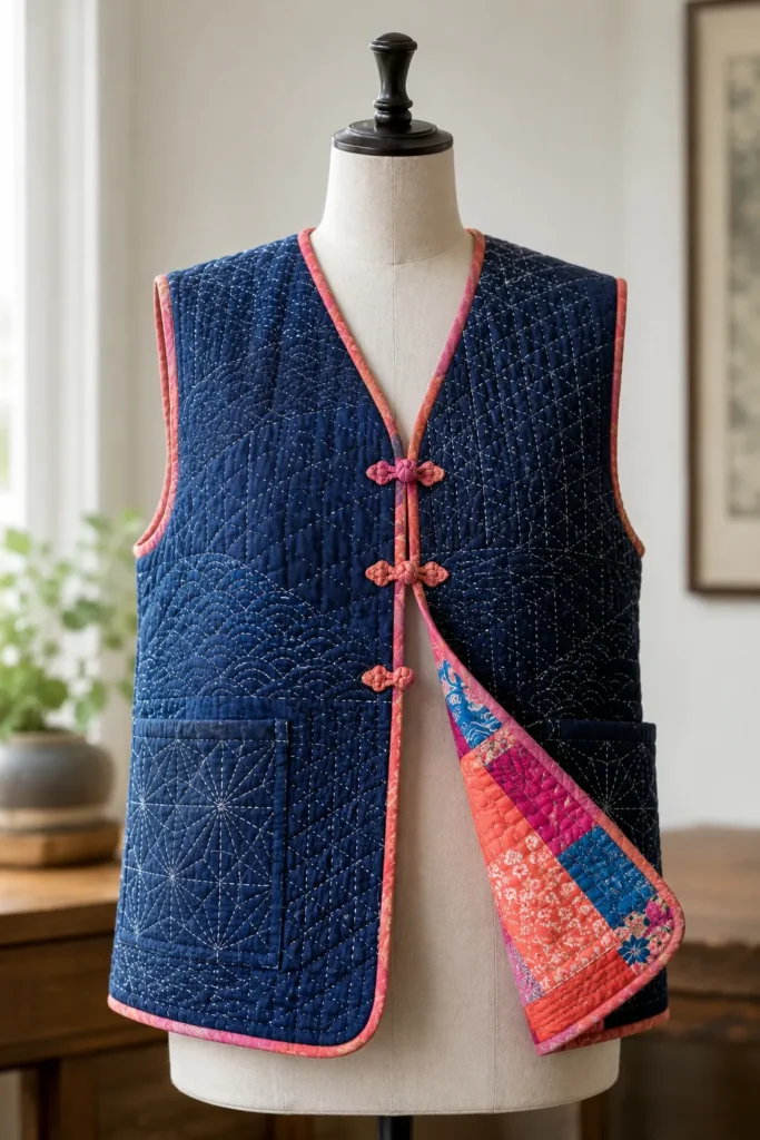 Reversible Indigo Japanese Quilt Vests for Versatile Sophistication
