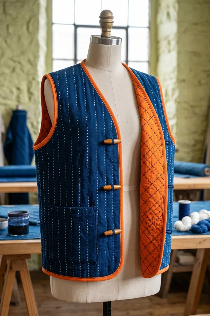 Reversible Indigo Japanese Quilt Vests for Versatile Sophistication