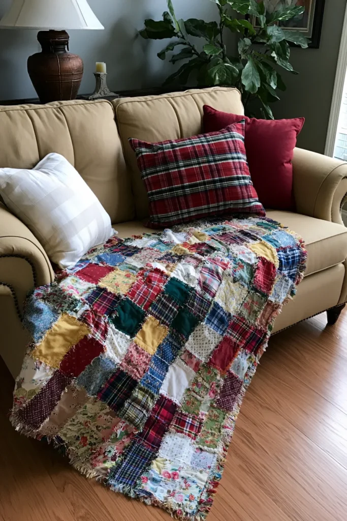 Soft Flannel Rag Quilt Throws for Cozy Living Room Sofas