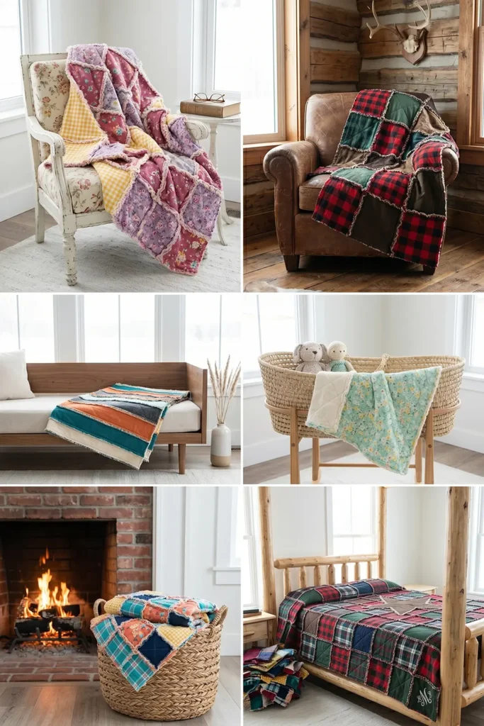 Soft Flannel Rag Quilt Throws for Cozy Living Room Sofas