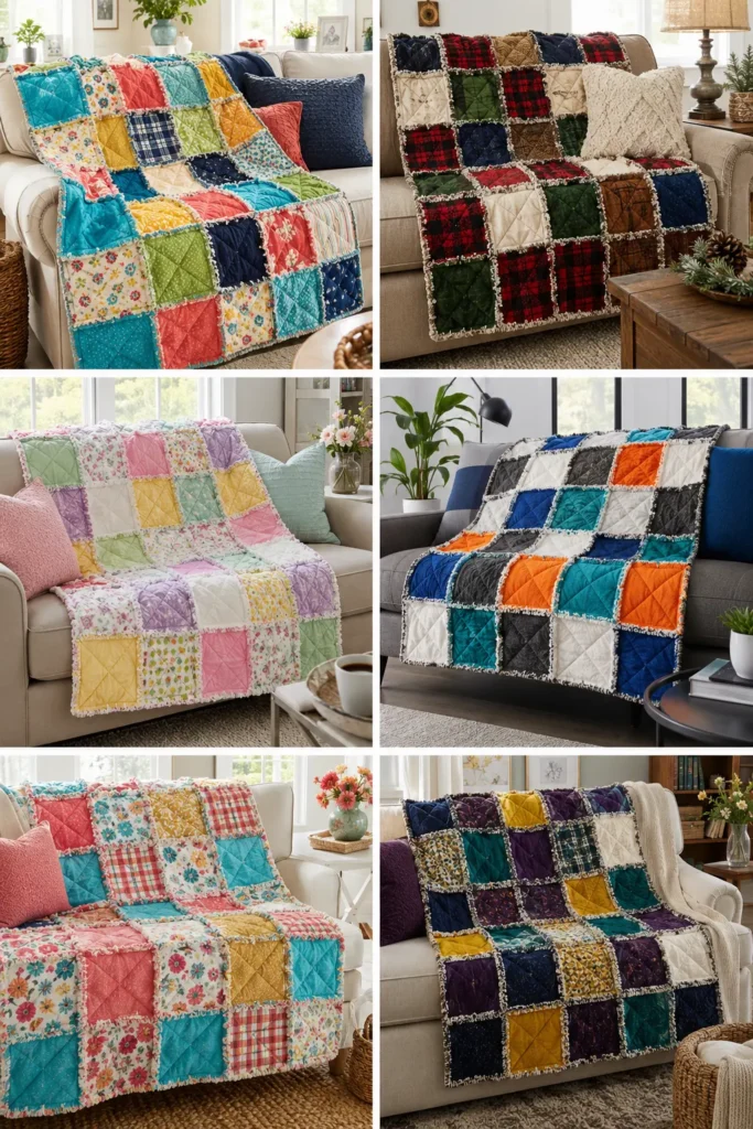 Soft Flannel Rag Quilt Throws for Cozy Living Room Sofas