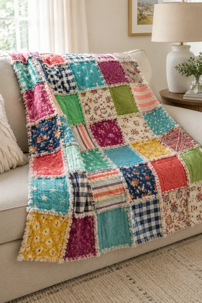 Soft Flannel Rag Quilt Throws for Cozy Living Room Sofas