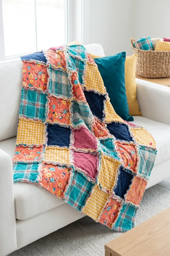 Soft Flannel Rag Quilt Throws for Cozy Living Room Sofas