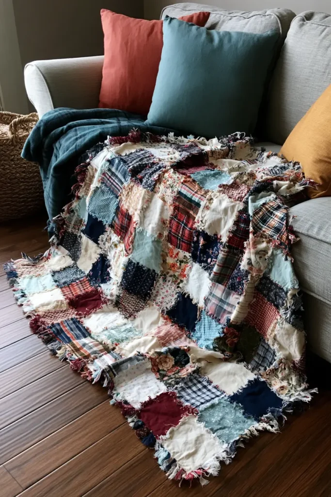 Soft Flannel Rag Quilt Throws for Cozy Living Room Sofas