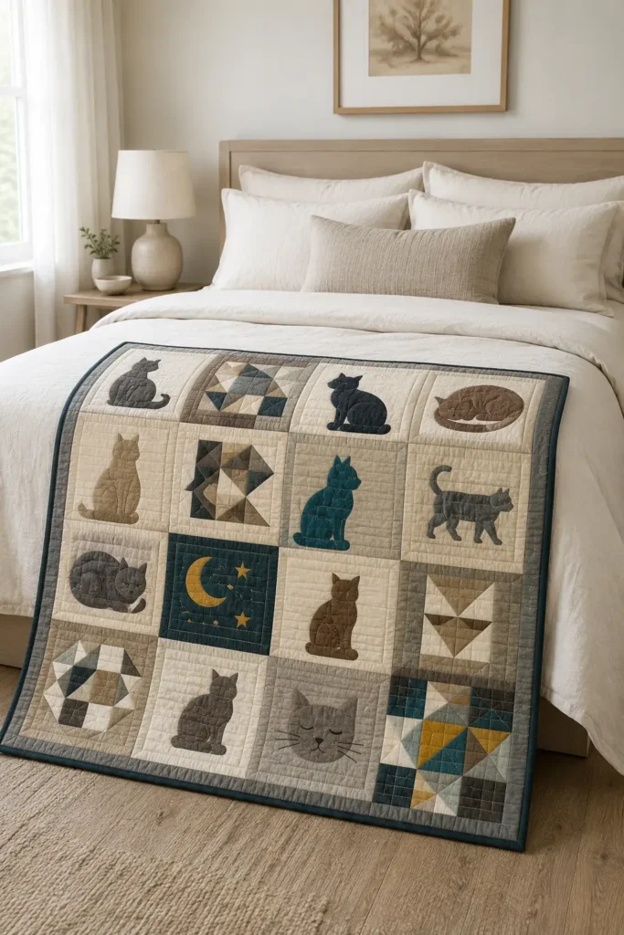 Sophisticated Neutral Tone Cat Quilt Ideas for Calm, Cozy Interiors