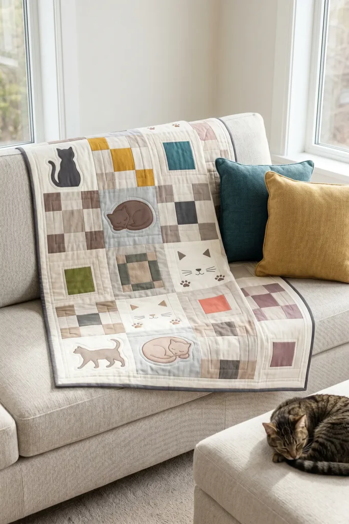 Sophisticated Neutral Tone Cat Quilt Ideas for Calm, Cozy Interiors