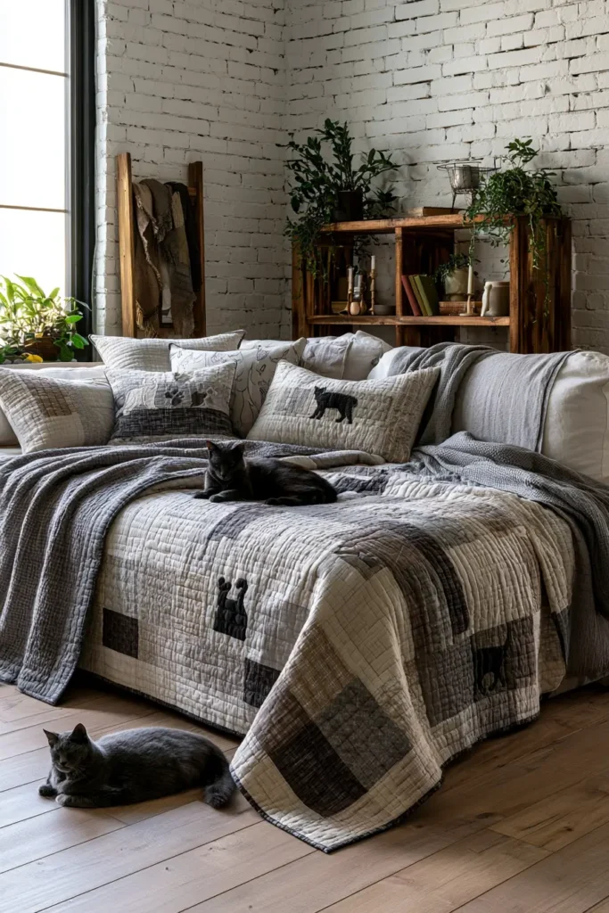 Sophisticated Neutral Tone Cat Quilt Ideas for Calm, Cozy Interiors