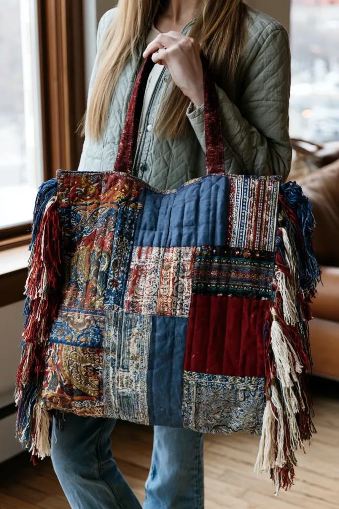 Stylish Fringe Trim Bohemian Quilted Market Totes for Free-Spirited Style
