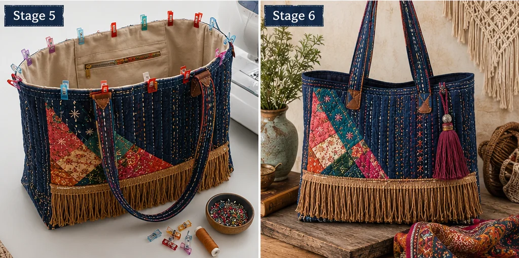 Stylish Fringe Trim Bohemian Quilted Market Totes for Free-Spirited Style