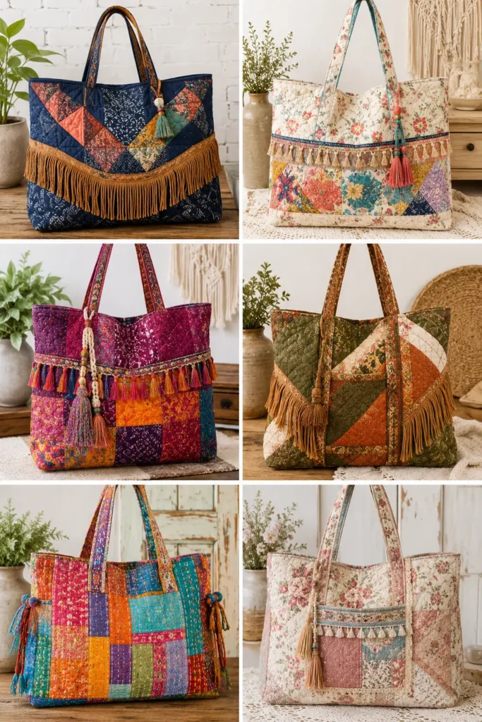 Stylish Fringe Trim Bohemian Quilted Market Totes for Free-Spirited Style
