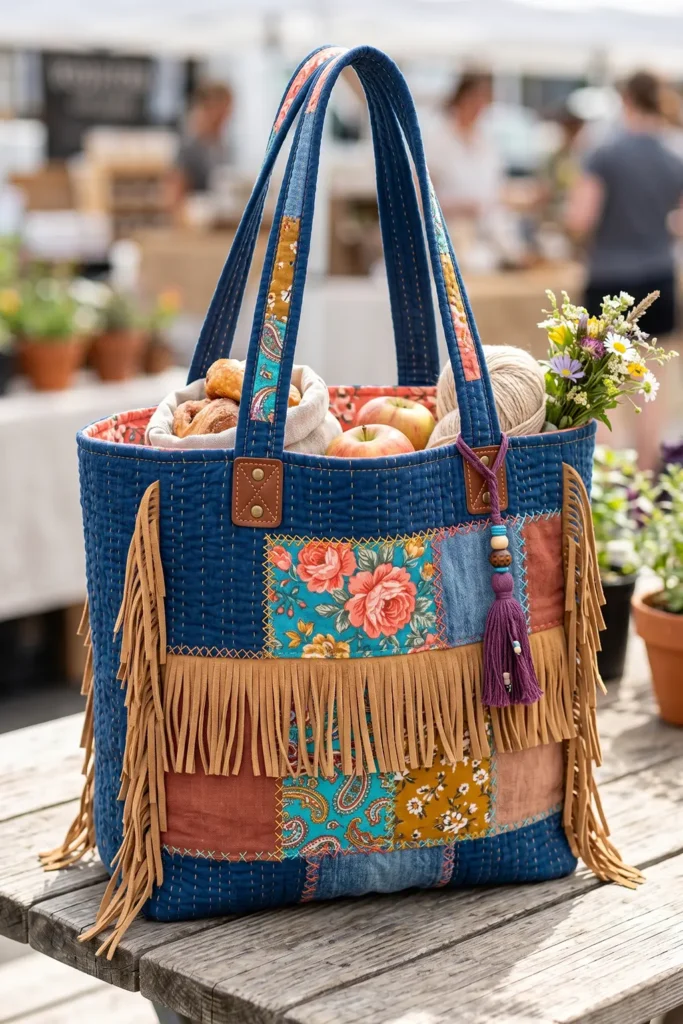 Stylish Fringe Trim Bohemian Quilted Market Totes for Free-Spirited Style