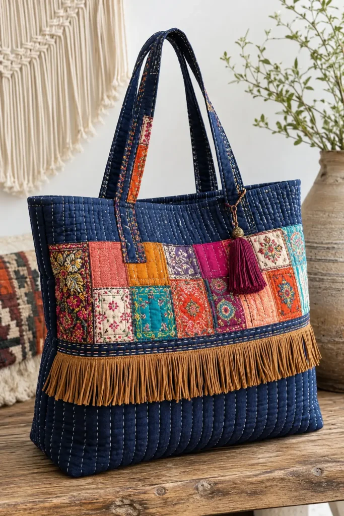 Stylish Fringe Trim Bohemian Quilted Market Totes for Free-Spirited Style