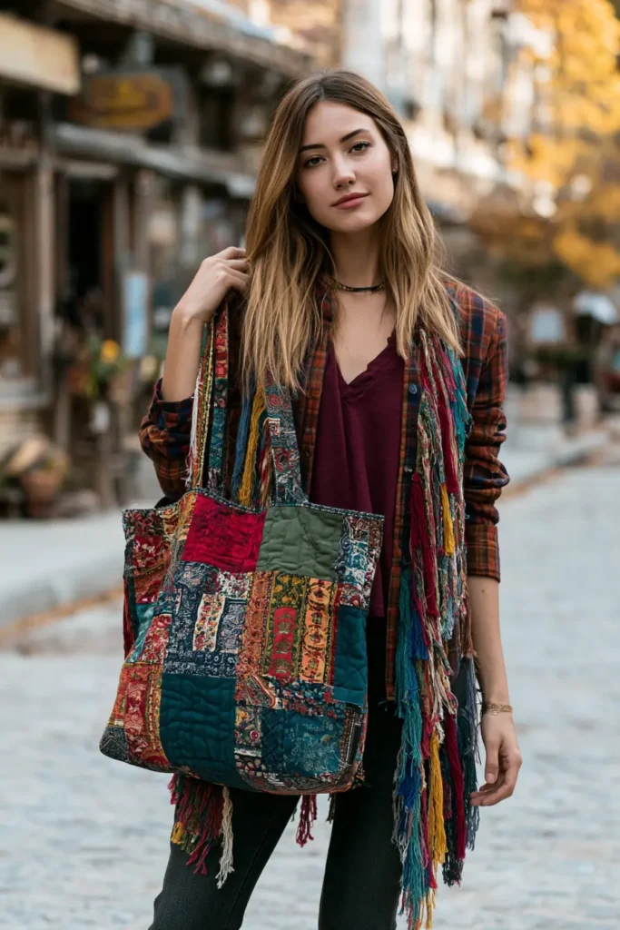 Stylish Fringe Trim Bohemian Quilted Market Totes for Free-Spirited Style