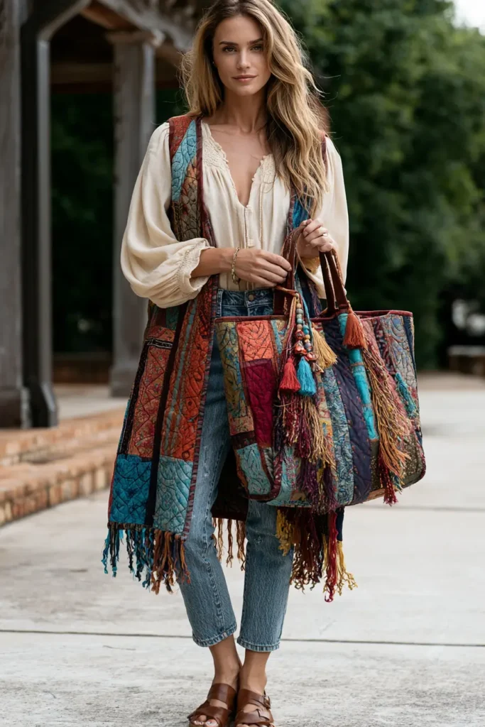 Stylish Fringe Trim Bohemian Quilted Market Totes for Free-Spirited Style