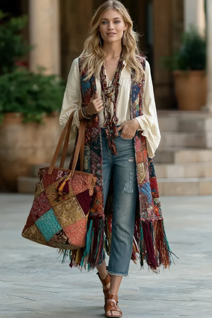 Stylish Fringe Trim Bohemian Quilted Market Totes for Free-Spirited Style