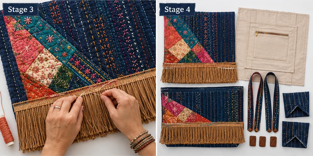 Stylish Fringe Trim Bohemian Quilted Market Totes for Free-Spirited Style