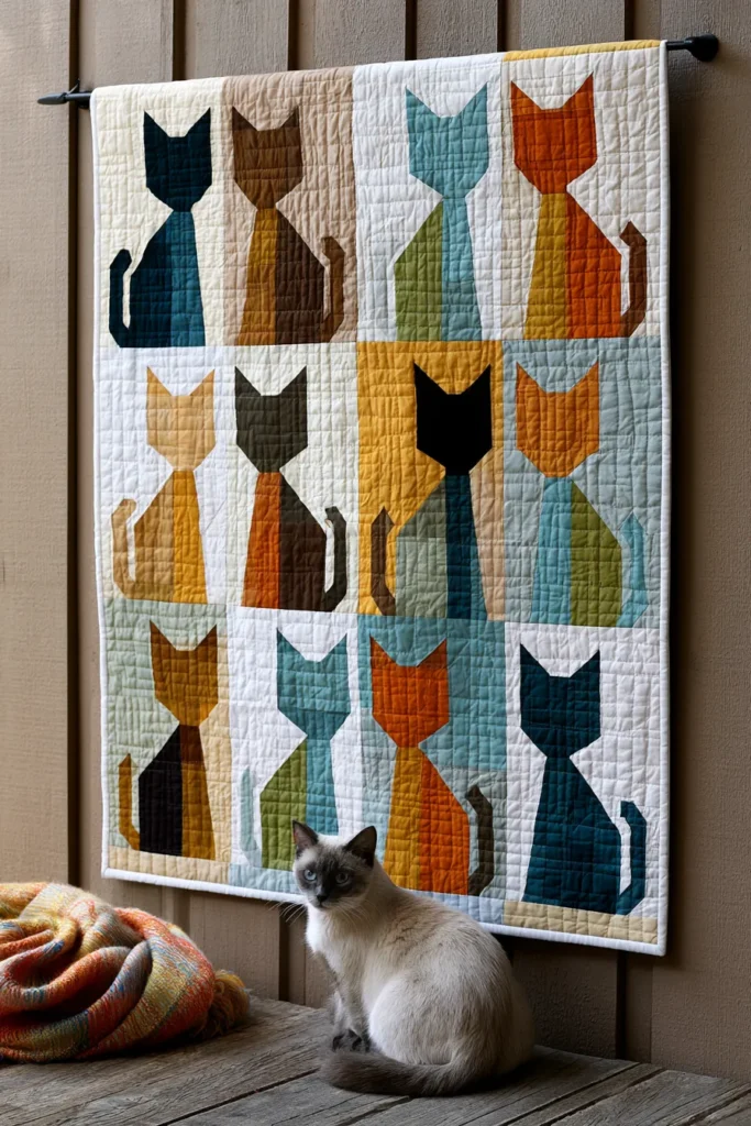Stylish Geometric Feline Quilt Designs for Artistic Home Accents