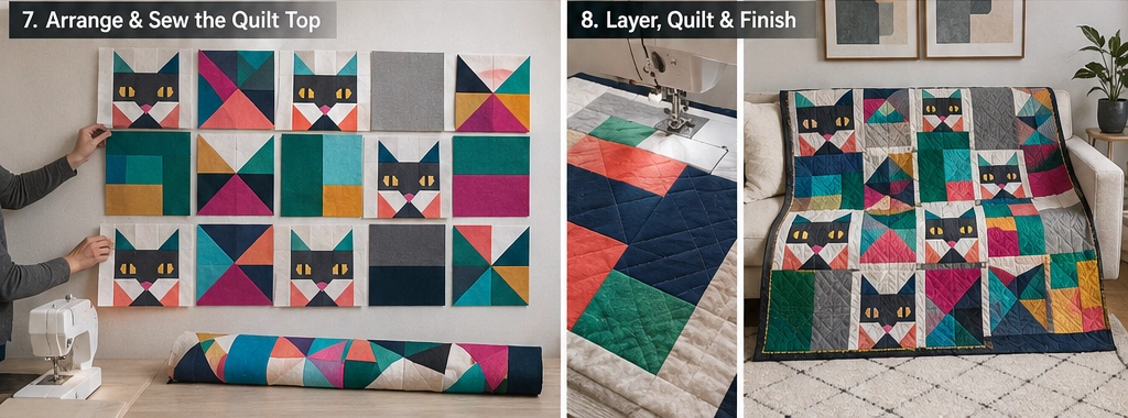 Stylish Geometric Feline Quilt Designs for Artistic Home Accents