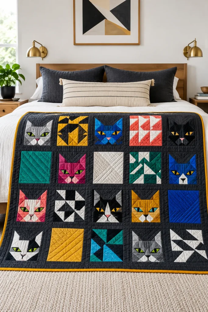 Stylish Geometric Feline Quilt Designs for Artistic Home Accents