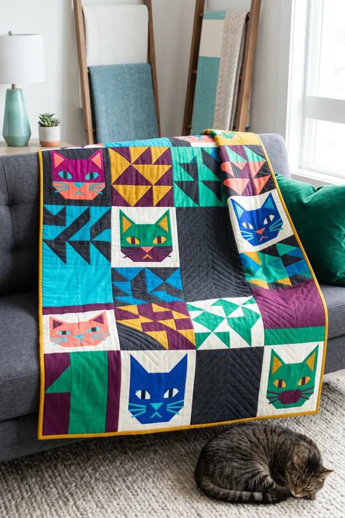 Stylish Geometric Feline Quilt Designs for Artistic Home Accents
