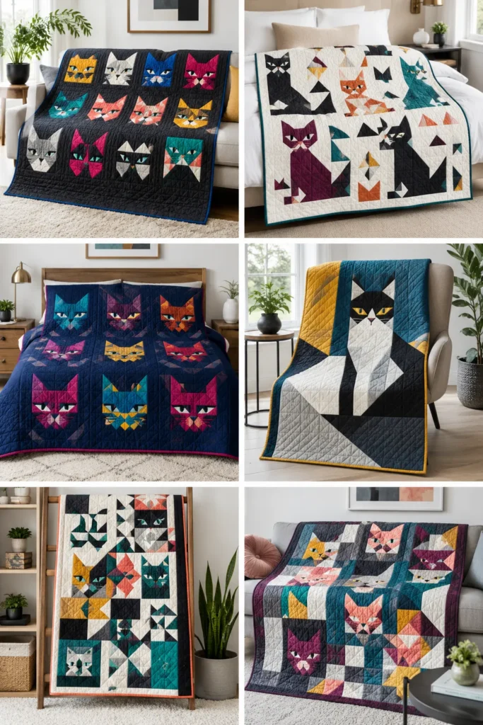 Stylish Geometric Feline Quilt Designs for Artistic Home Accents