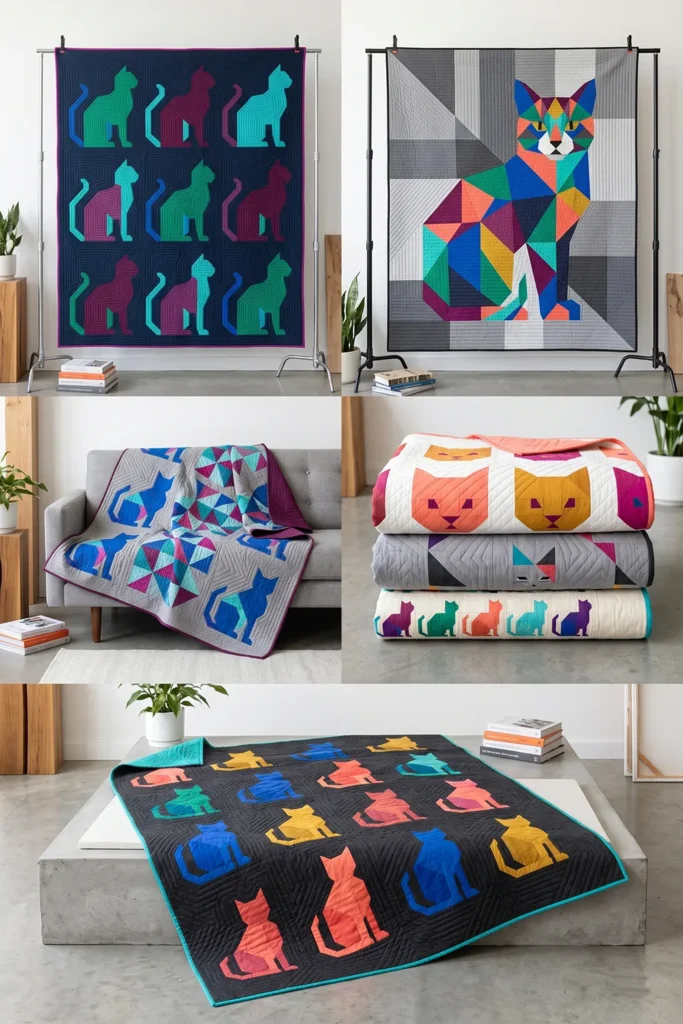 Stylish Geometric Feline Quilt Designs for Artistic Home Accents