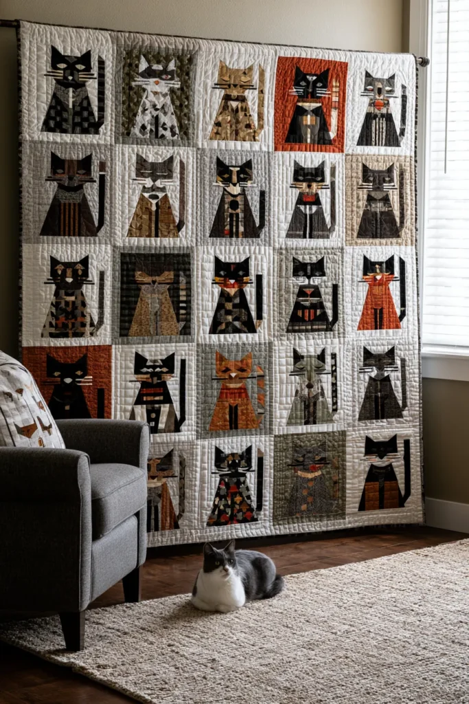 Stylish Geometric Feline Quilt Designs for Artistic Home Accents