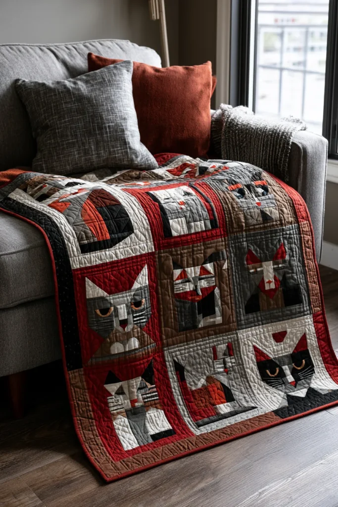 Stylish Geometric Feline Quilt Designs for Artistic Home Accents
