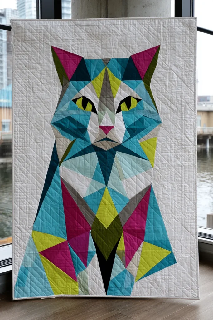 Stylish Geometric Feline Quilt Designs for Artistic Home Accents
